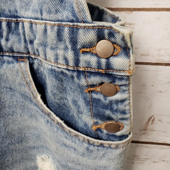 F21 Distressed Denim Overall Jumper Dress Pockets Light Blue MIni Size M - Picture 6 of 12